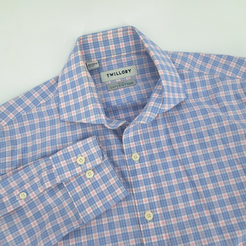 Twillory Dress Shirt Mens 15.5 34/35 Cotton Blue Pink Glen Check Plaid Tailored